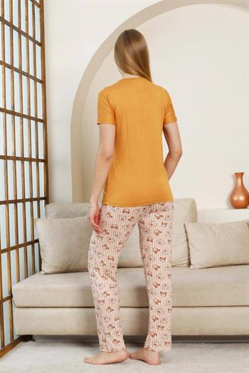 Ayıcık Desenli Kadın Pijama Takımı - Açık kahve Renk Likralı Viskon Kısa Kollu 2849KY