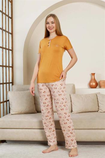 Ayıcık Desenli Kadın Pijama Takımı - Açık kahve Renk Likralı Viskon Kısa Kollu 2849KY