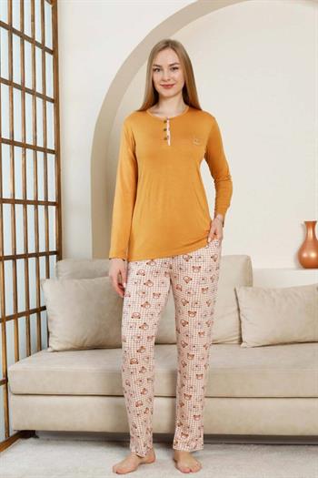 Ayıcık Desenli Kadın Pijama Takımı - Açık kahve Renk Likralı Viskon Uzun Kollu 2849UY