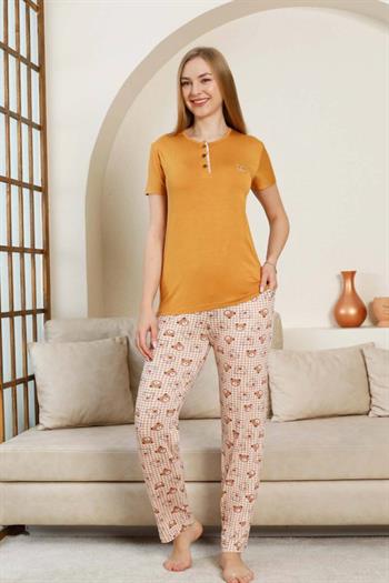 Ayıcık Desenli Kadın Pijama Takımı - Açık kahve Renk Likralı Viskon Kısa Kollu 2849KY