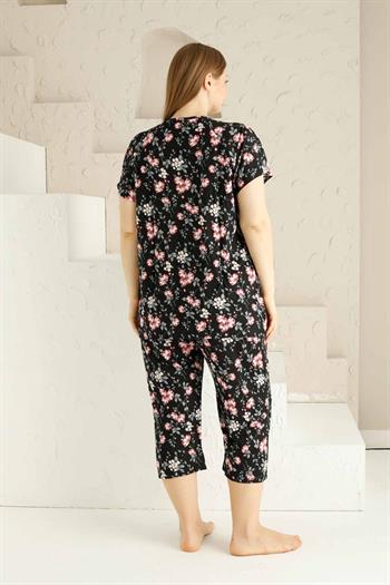 Bahar Dalı Siyah BATTAL Bermuda Bayan Pijama Takımı 2735BB