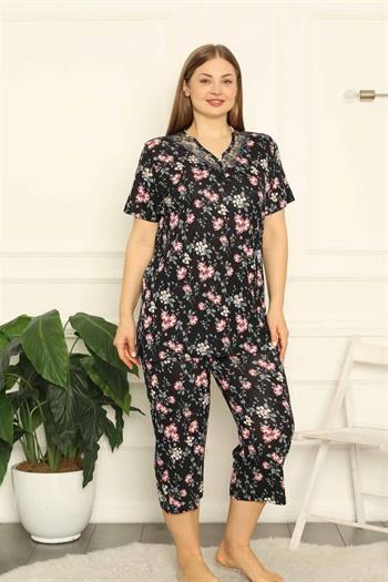 Bahar Dalı Siyah BATTAL Bermuda Bayan Pijama Takımı 2708BB
