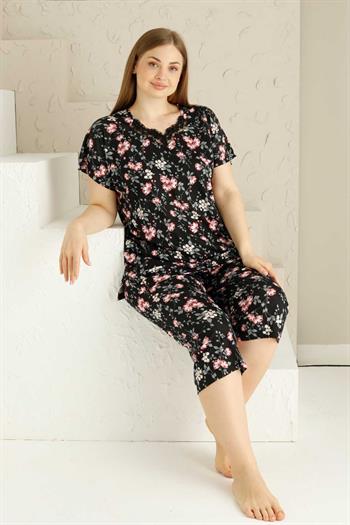 Bahar Dalı Siyah BATTAL Bermuda Bayan Pijama Takımı 2735BB