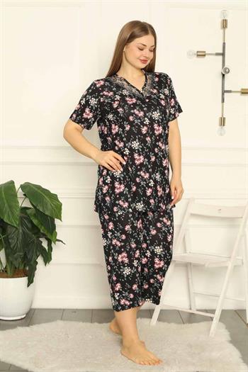 Bahar Dalı Siyah BATTAL Bermuda Bayan Pijama Takımı 2708BB