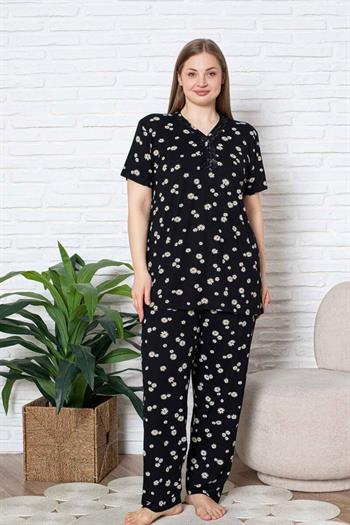 Bayan Büyük Beden Pijama Takımı - Siyah Papatya Desen Kısa Kol Likralı Viskon 2855KYB