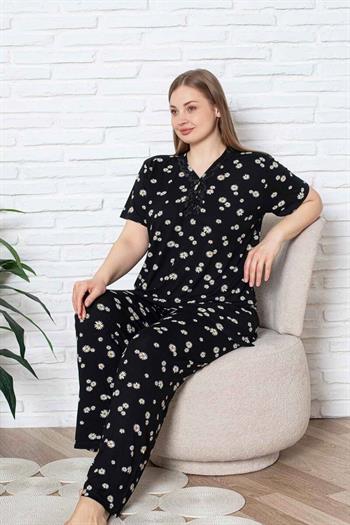 Bayan Büyük Beden Pijama Takımı - Siyah Papatya Desen Kısa Kol Likralı Viskon 2855KYB