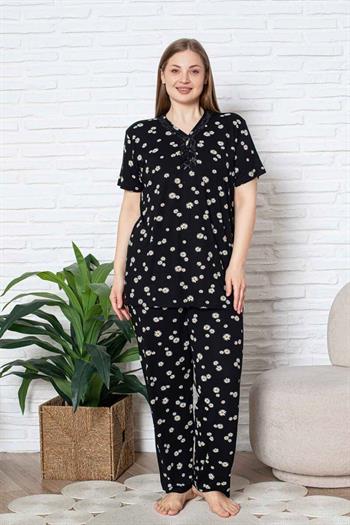 Bayan Büyük Beden Pijama Takımı - Siyah Papatya Desen Kısa Kol Likralı Viskon 2855KYB