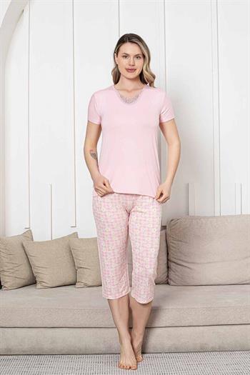 Bayan Pijama Takımı - Pembe Papatya Desen Kapri Likralı Viskon 2852B