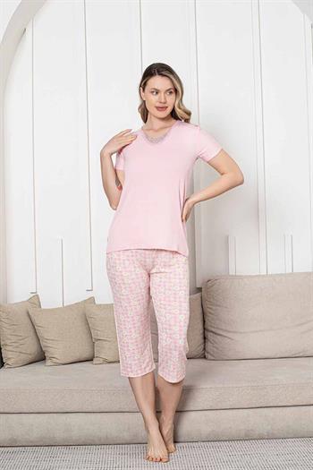 Bayan Pijama Takımı - Pembe Papatya Desen Kapri Likralı Viskon 2852B