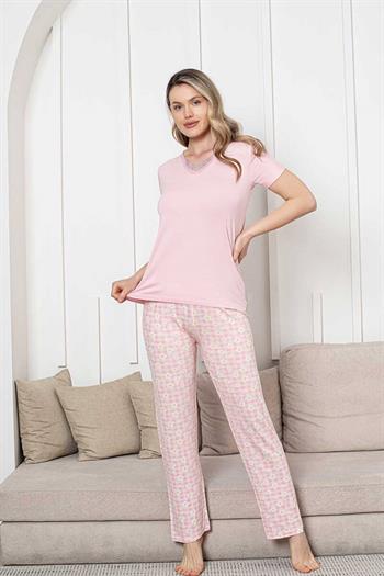Bayan Pijama Takımı - Pembe Papatya Desen Kısa Kol Likralı Viskon 2852KY