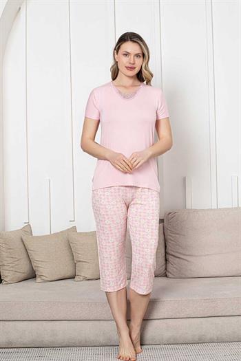 Bayan Pijama Takımı - Pembe Papatya Desen Kapri Likralı Viskon 2852B
