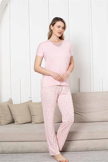 Bayan Pijama Takımı - Pembe Papatya Desen Kısa Kol Likralı Viskon 2852KY