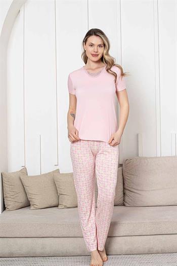Bayan Pijama Takımı - Pembe Papatya Desen Kısa Kol Likralı Viskon 2852KY