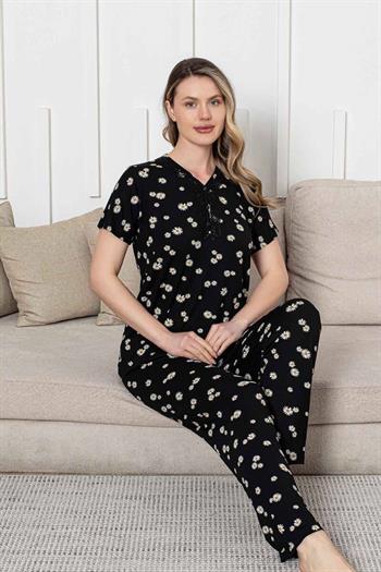 Bayan Pijama Takımı - Siyah Papatya Desen Kısa Kol Likralı Viskon 2855KY