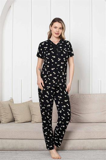 Bayan Pijama Takımı - Siyah Papatya Desen Kısa Kol Likralı Viskon 2855KY