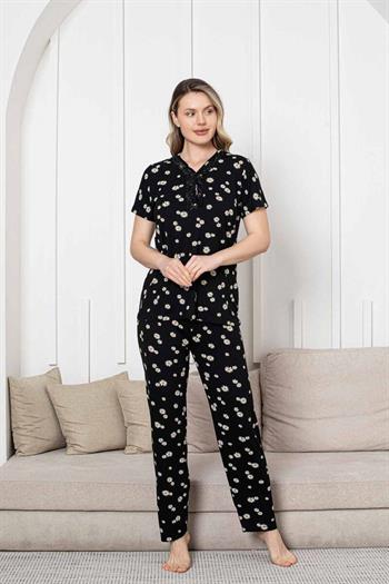Bayan Pijama Takımı - Siyah Papatya Desen Kısa Kol Likralı Viskon 2855KY