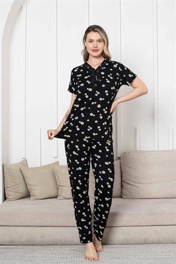 Bayan Pijama Takımı - Siyah Papatya Desen Kısa Kol Likralı Viskon 2855KY