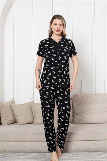 Bayan Pijama Takımı - Siyah Papatya Desen Kısa Kol Likralı Viskon 2855KY