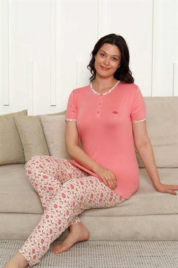 Bayan Pijama Takımı - Somon Çiçek Desen Kısa Kol Likralı Viskon 2846KY