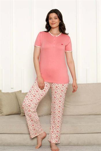 Bayan Pijama Takımı - Somon Çiçek Desen Kısa Kol Likralı Viskon 2846KY