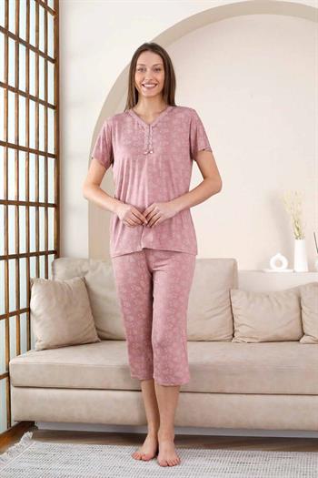 Bermuda Bayan Pijama Takımı - Gülkurusu Çiçek Desen Likralı Viskon 2851B