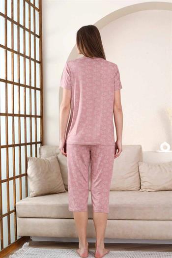 Bermuda Bayan Pijama Takımı - Gülkurusu Çiçek Desen Likralı Viskon 2851B