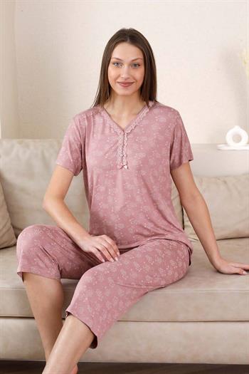 Bermuda Bayan Pijama Takımı - Gülkurusu Çiçek Desen Likralı Viskon 2851B