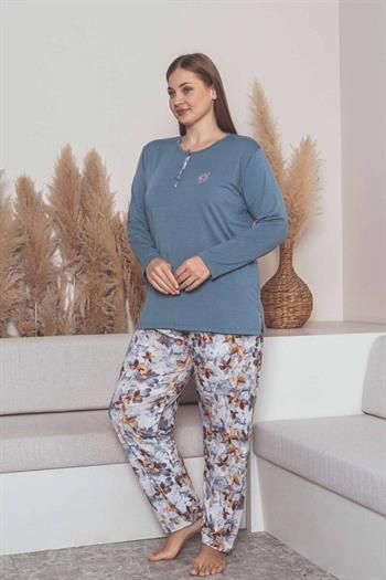 Büyük Beden Bayan Pijama Takımı - İndigo Çiçek Desen Uzun Kol Likralı Penye 2859UYB