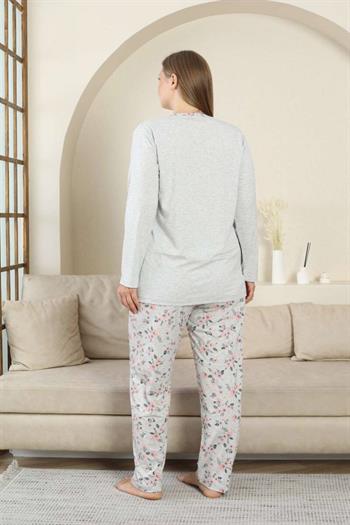 Büyük Beden Bayan Pijama Takımı - Gri Çiçek Desen Uzun Kol Likralı Viskon 2875UYB