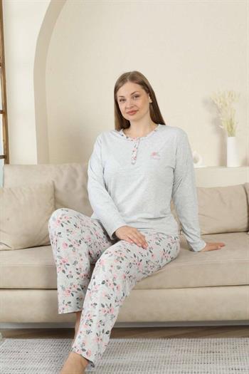 Büyük Beden Bayan Pijama Takımı - Gri Çiçek Desen Uzun Kol Likralı Viskon 2875UYB