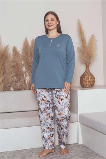 Büyük Beden Bayan Pijama Takımı - İndigo Çiçek Desen Uzun Kol Likralı Penye 2859UYB