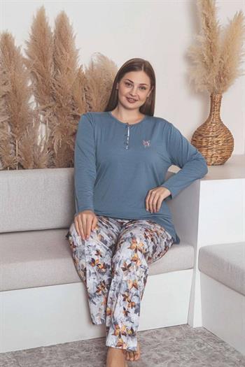 Büyük Beden Bayan Pijama Takımı - İndigo Çiçek Desen Uzun Kol Likralı Penye 2859UYB