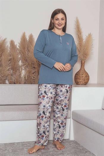 Büyük Beden Bayan Pijama Takımı - İndigo Mor Çiçek Desen Uzun Kol Likralı Penye 2859UYB
