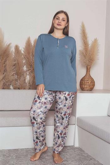 Büyük Beden Bayan Pijama Takımı - İndigo Mor Çiçek Desen Uzun Kol Likralı Penye 2859UYB
