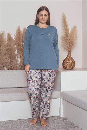 Büyük Beden Bayan Pijama Takımı - İndigo Mor Çiçek Desen Uzun Kol Likralı Penye 2859UYB