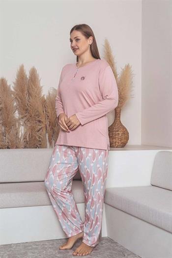 Büyük Beden Bayan Pijama Takımı - Pembe Çiçek Desen Uzun Kol Likralı Penye 2859UYB