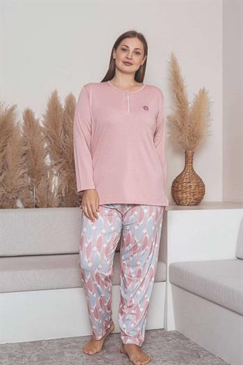 Büyük Beden Bayan Pijama Takımı - Pembe Çiçek Desen Uzun Kol Likralı Penye 2859UYB