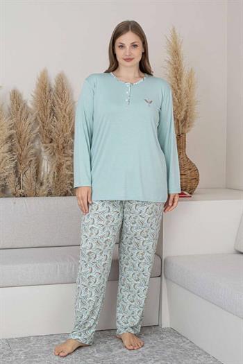 Büyük Beden Bayan Pijama Takımı - Su Yeşili Çiçek Desen Uzun Kol Likralı Viskon 2874UYB