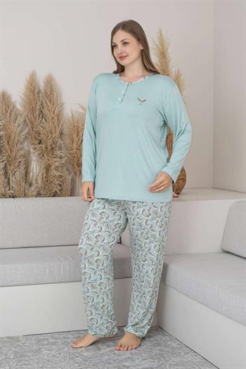 Büyük Beden Bayan Pijama Takımı - Su Yeşili Çiçek Desen Uzun Kol Likralı Viskon 2874UYB