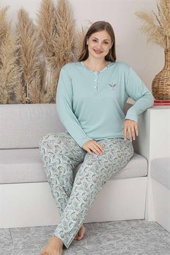Büyük Beden Bayan Pijama Takımı - Su Yeşili Çiçek Desen Uzun Kol Likralı Viskon 2874UYB