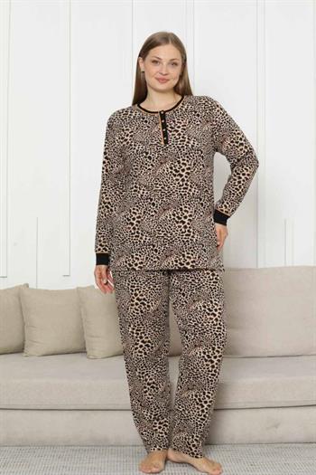 Büyük Beden Kadın Pijama Takımı - Leopar Desenli Uzun Kollu Likralı Pamuk 2880UKB