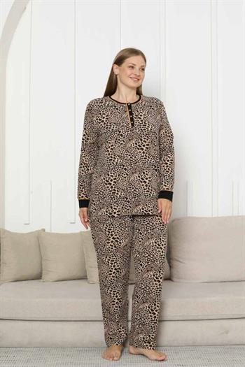 Büyük Beden Kadın Pijama Takımı - Leopar Desenli Uzun Kollu Likralı Pamuk 2880UKB