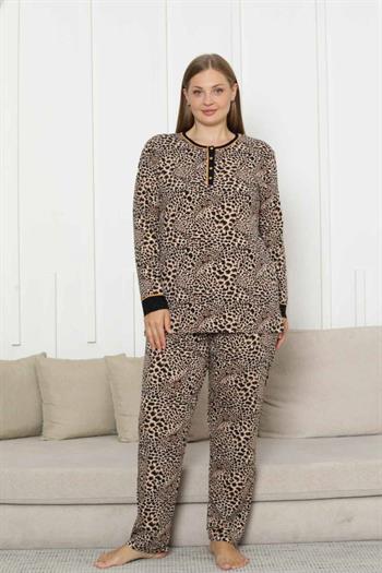 Büyük Beden Kadın Pijama Takımı - Leopar Desenli Uzun Kollu Likralı Pamuk 2880UKB
