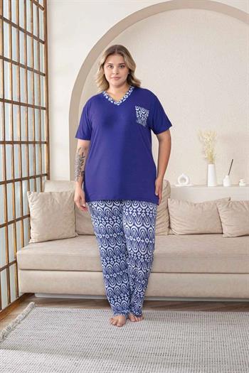 Büyük Beden Kadın Pijama Takımı - Saks Mavi V Yaka Kısa Kollu Likralı Kumaş 2824KYB