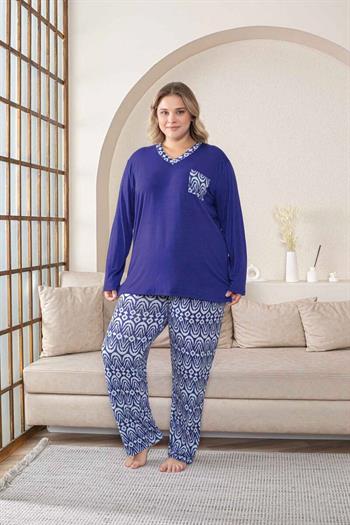 Büyük Beden Kadın Pijama Takımı - Saks Mavi V Yaka Uzun Kollu Likralı Kumaş 2824UYB