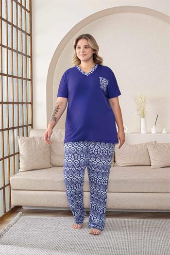 Büyük Beden Kadın Pijama Takımı - Saks Mavi V Yaka Kısa Kollu Likralı Kumaş 2824KYB