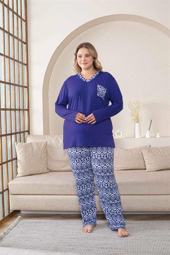 Büyük Beden Kadın Pijama Takımı - Saks Mavi V Yaka Uzun Kollu Likralı Kumaş 2824UYB