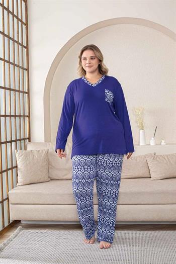 Büyük Beden Kadın Pijama Takımı - Saks Mavi V Yaka Uzun Kollu Likralı Kumaş 2824UYB