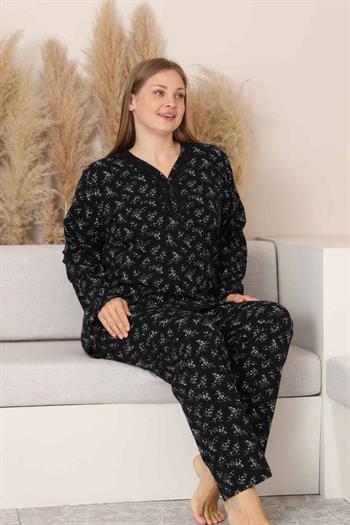 Büyük Beden Kadın Pijama Takımı - Siyah Çiçek Desen Uzun Kollu Likralı Pamuk 2882UKB