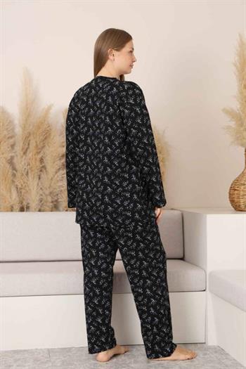 Büyük Beden Kadın Pijama Takımı - Siyah Çiçek Desen Uzun Kollu Likralı Pamuk 2882UKB
